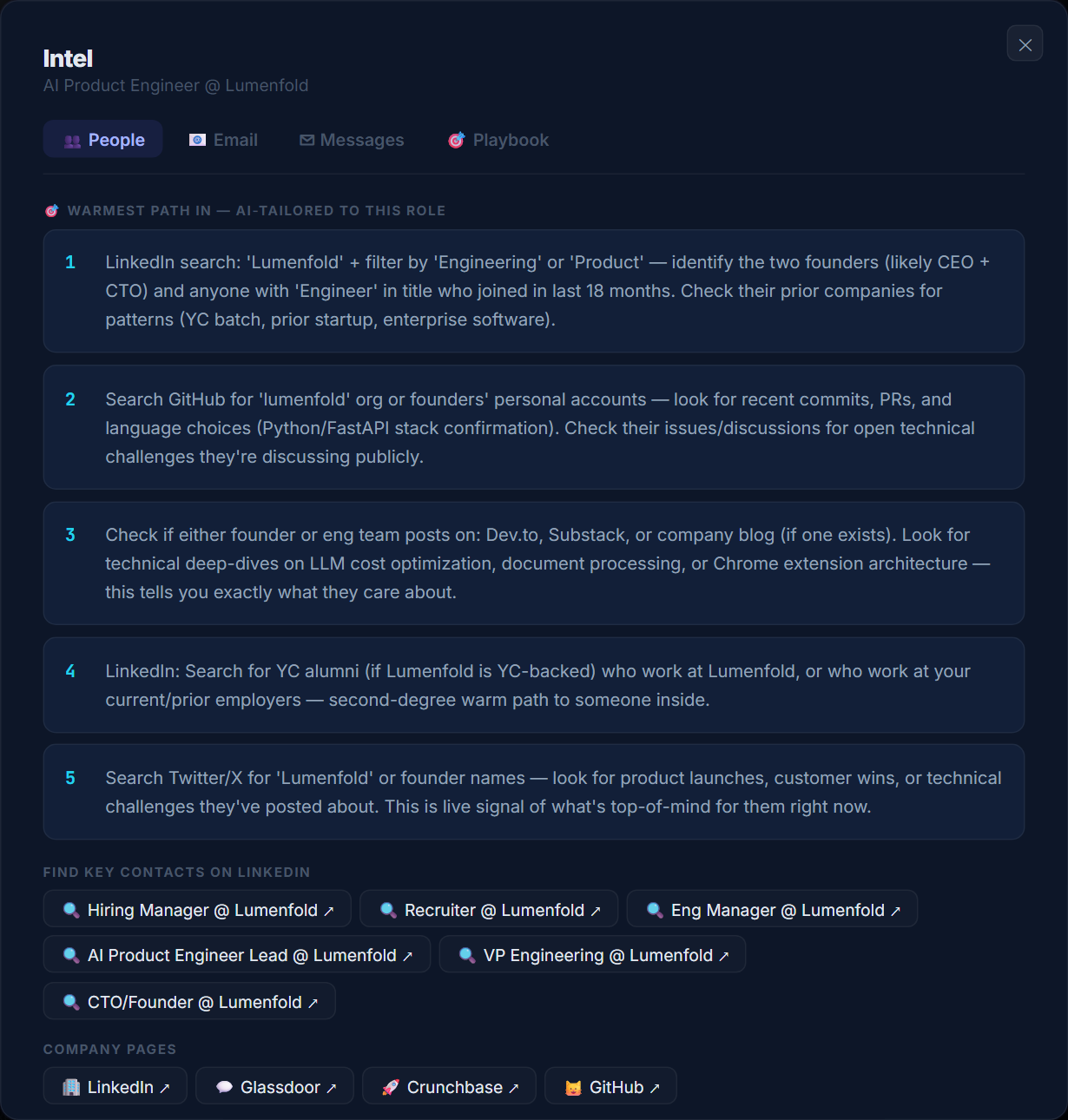 SeekBridge's outreach panel for an AI Product Engineer role: five steps to find the warmest path in, plus one-click searches for the hiring manager, recruiter, and team leads.